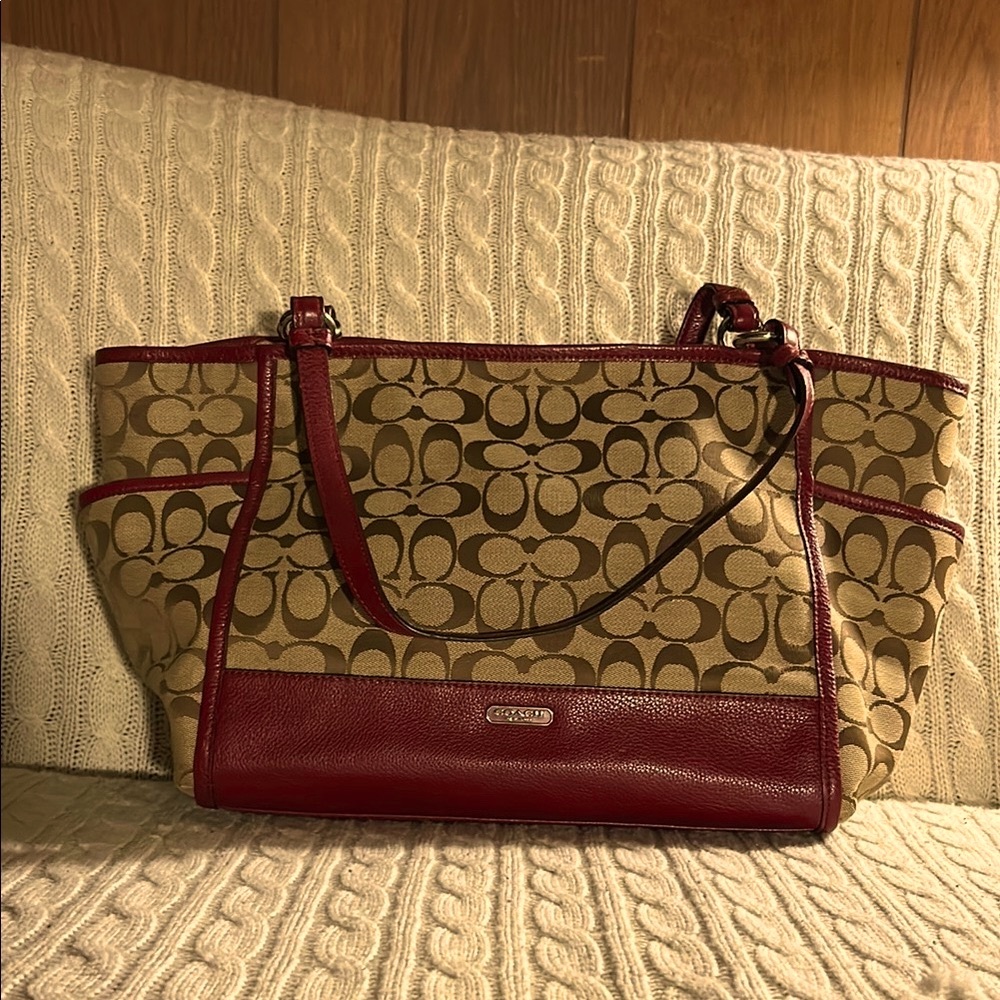Coach Signature Canvas Tote Bag - Burgundy and Tan
